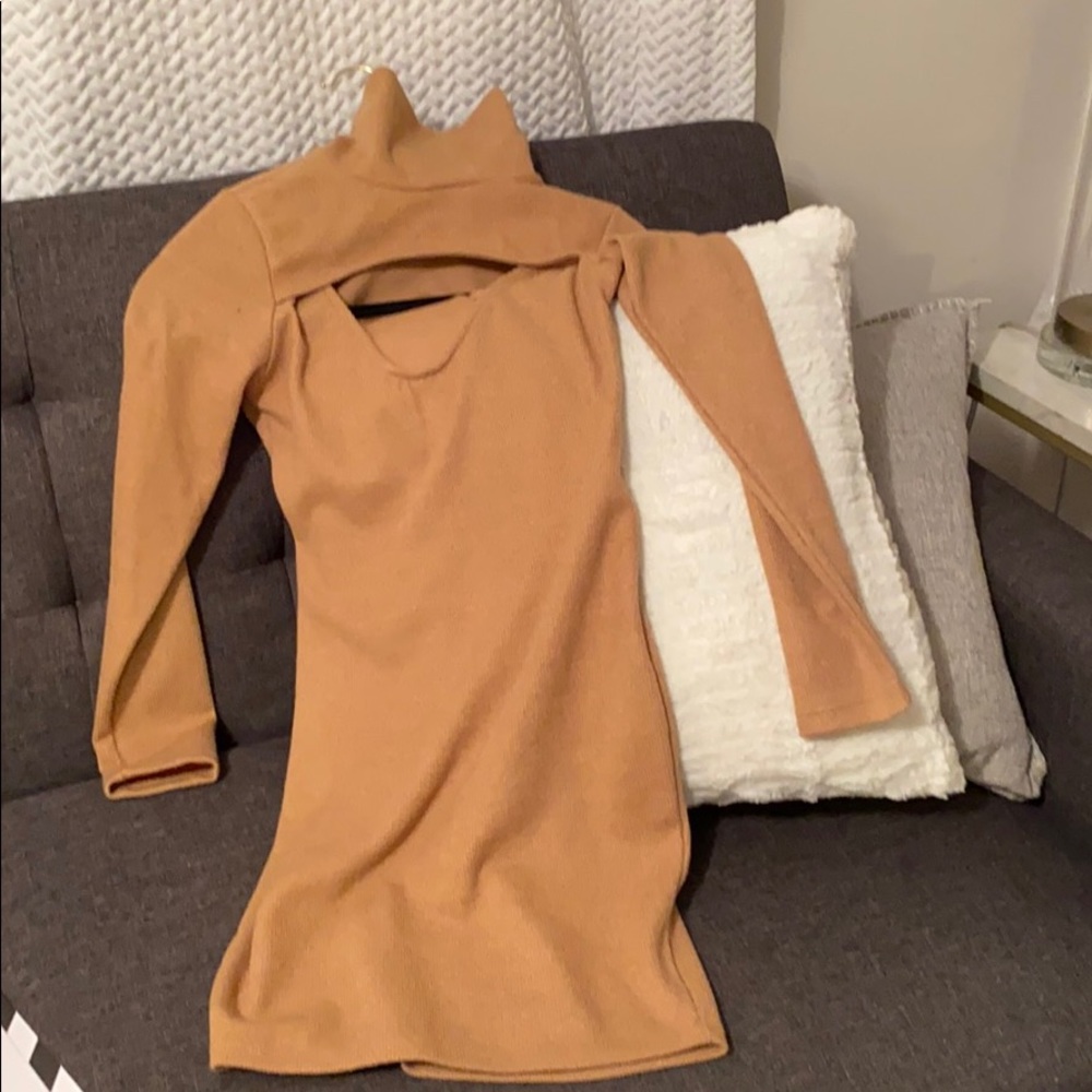 Camel Keyhole long sleeve Dress